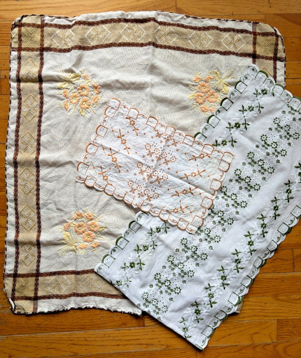 Vintage Linen Tablecloth Runner Lot Embroidered Floral Lace Set 3pc 50in 27in